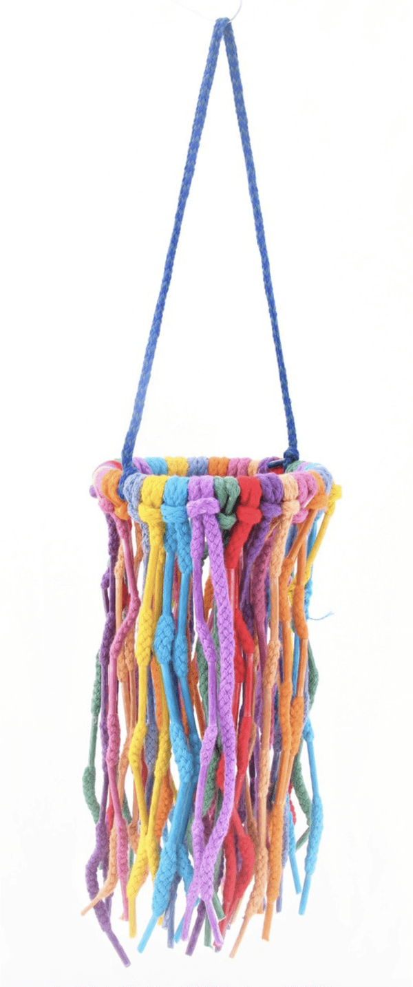 A Aglet Heaven SM hanging basket with colorful fringes hanging from it.